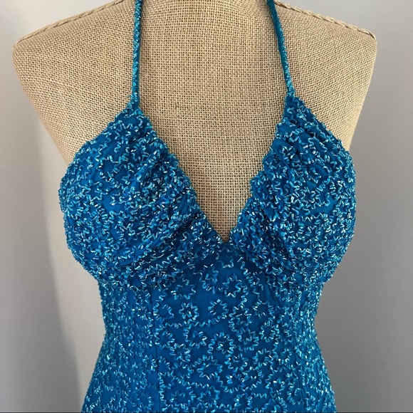 Scala Turquoise Blue Beaded Halter Neck Double Split Formal Gown - Picture 3 of 16